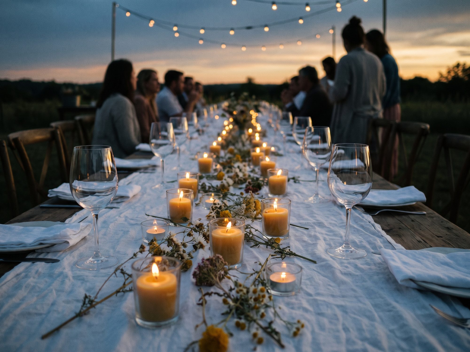 A long candlelit dinner table at dusk