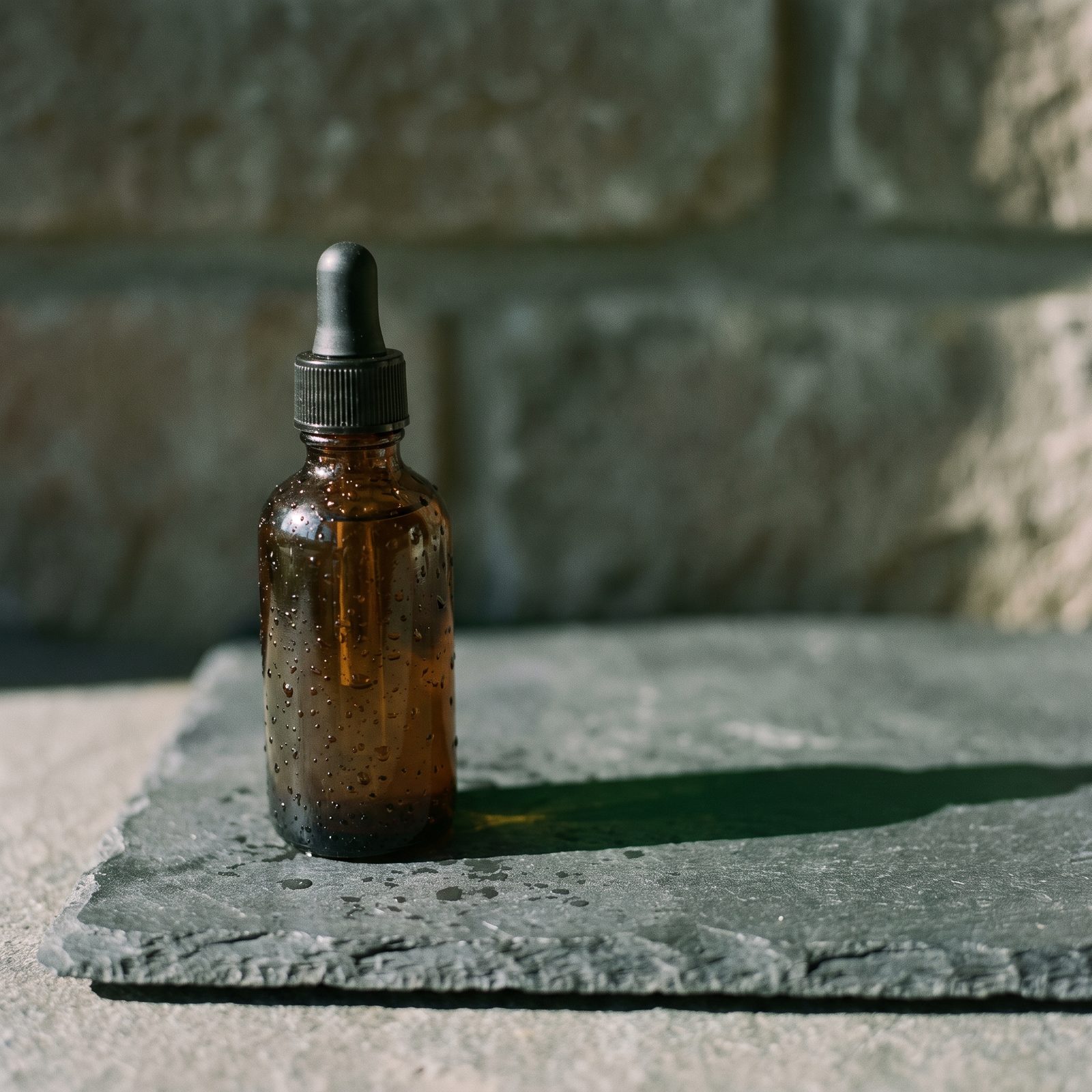 An amber dropper bottle on stone