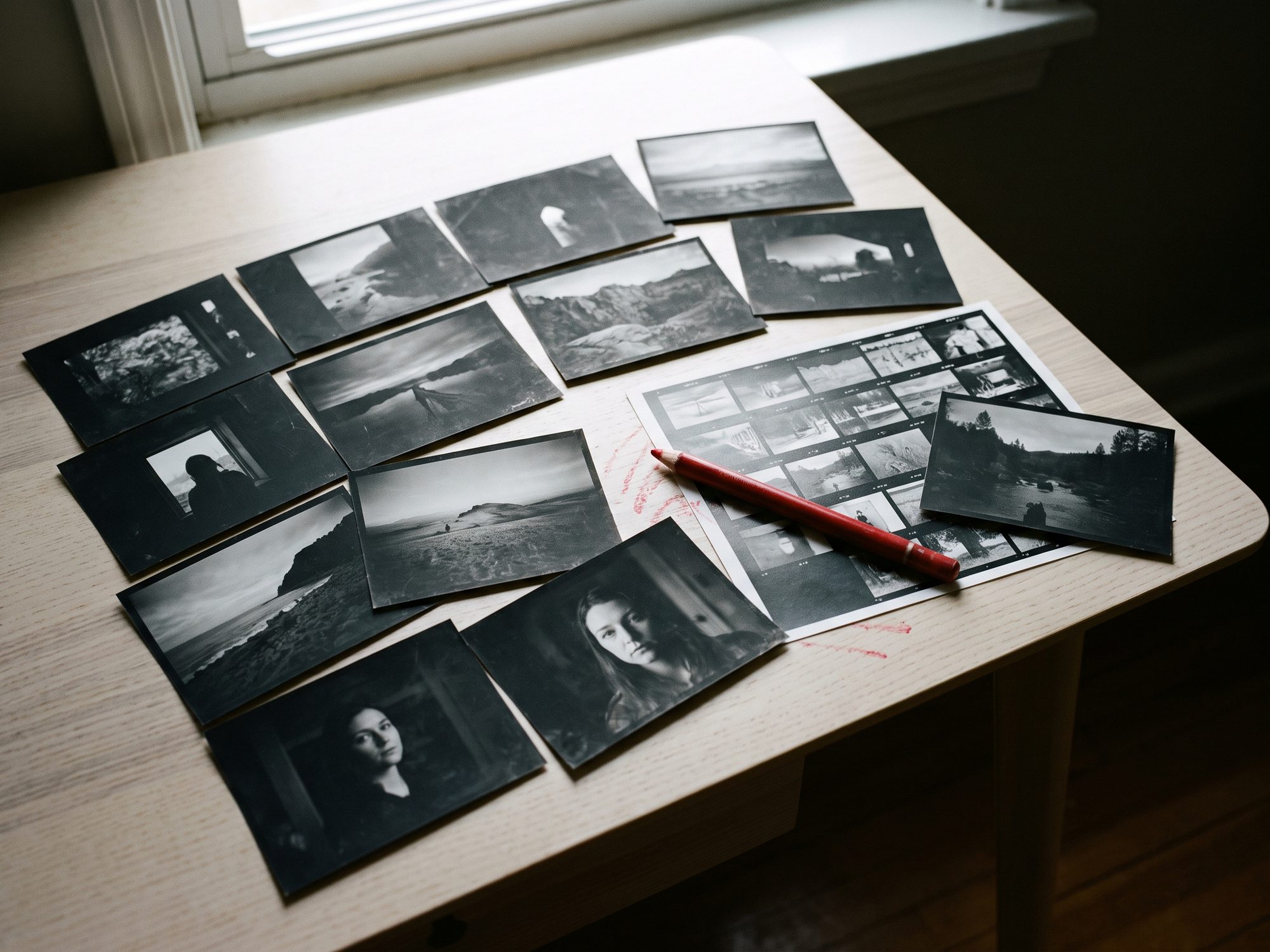 Prints and a contact sheet spread on a table