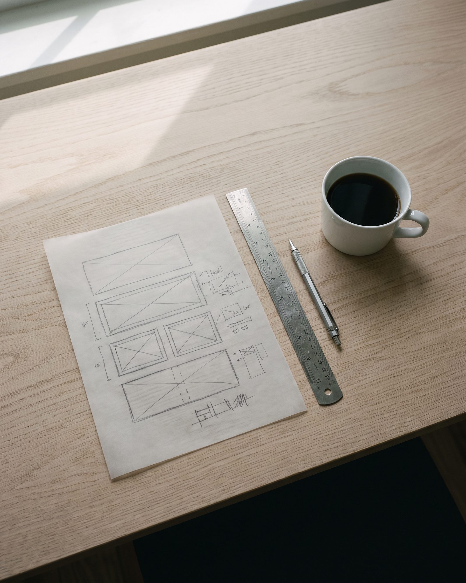 A desk with hand-drawn wireframes
