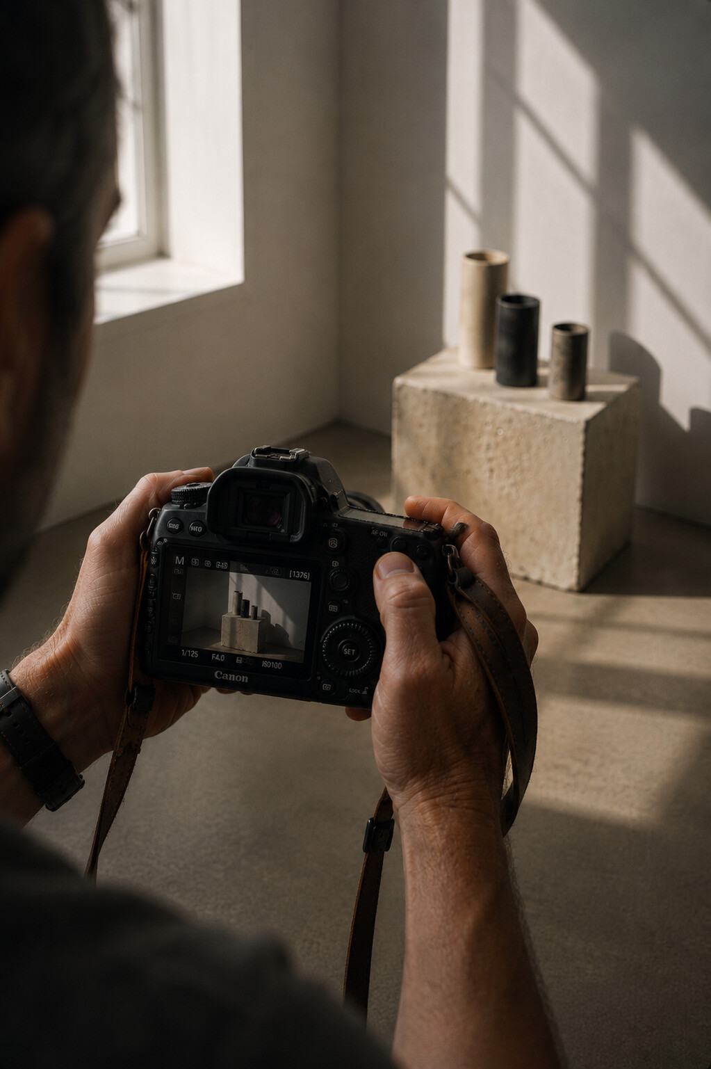 Photographer framing a ceramic still life through the camera